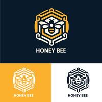 Modern honey bee logo in hexagon shape with yellow and dark blue color scheme vector