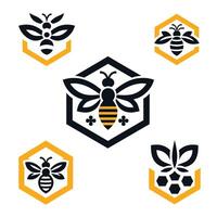 Collection of honey bee logos with hexagonal frames ideal for various branding and packaging needs vector