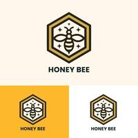 Sparkling honey bee logo with hexagonal frame ideal for premium honey products and branding vector