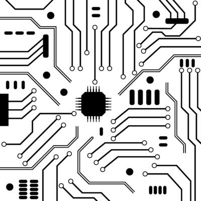 Motherboard computer black white with processor, cpu and hardware, circuit technology, chip electronic integrated device