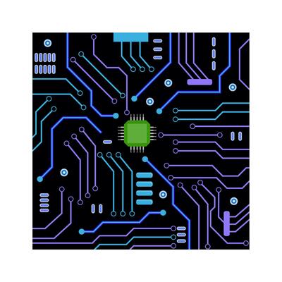 Colored motherboard, part of computers detail. of computer part, hardware circuit, technology electronic system, pc desktop integrated device, board semiconductor and transistor illustration