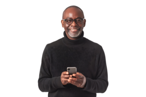 happy mature black man standing scrolling on her phone isolated on transparent background png