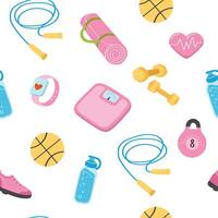 Fitness and sports equipment seamless pattern. Set of elements for physical exercise - sneakers, yoga mat, dumbbells and others. Bright background for printing on fabric, packaging, paper. vector