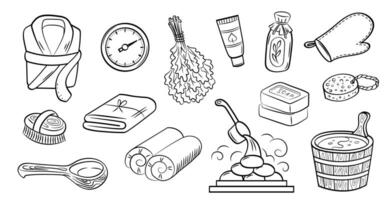 Sauna and wellness outline illustrations. Set of cute elements in doodle style isolated on white background. vector