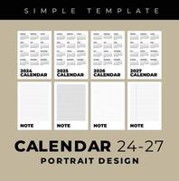 Simple Template Calendar 2024 - 2027 and Note, Portrait Design vector