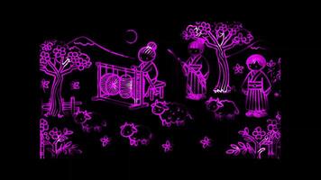 Glowing looping Tanabata day depicting Orihime weaving and Hikoboshi herding cattle. neon frame effect, black background. video