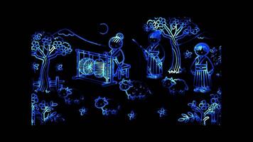 Glowing looping Tanabata day depicting Orihime weaving and Hikoboshi herding cattle. neon frame effect, black background. video