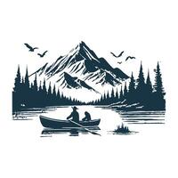 a man and woman in a boat on the lake with mountains in the background vector