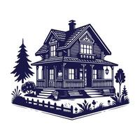 a house with a fence and trees in the background vector
