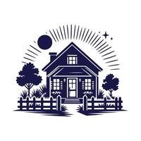 a house with a fence and trees in the background vector