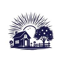 a house with a fence and trees in the background vector