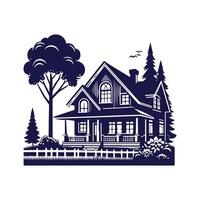 a house with a fence and trees in the background vector