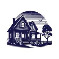 a house with a fence and trees in the background vector