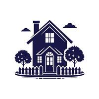 a house with a fence and trees in the background vector