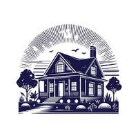 a house with a fence and trees in the background vector
