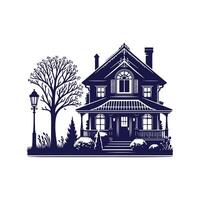 a house with a fence and trees in the background vector