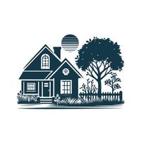 a house with a fence and trees in the background vector