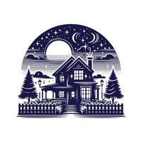 a house with a fence and trees in the background vector