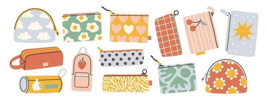 Cute pencil case set. Collection of pencil cases. Cute design in pastel colors. Flat design style illustration. vector