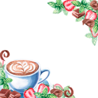 A cup of cappuccino on a plate, chocolate, mint are decorated in a square frame in a watercolor illustration. Hand drawn frame for menu, sign for cafe, restaurant, menu, goth cards, invitations. png