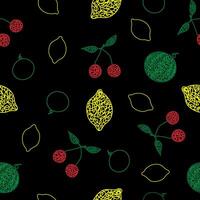 Seamless pattern with hand drawn lemon, cherry, watermelon on black background in childrens naive style. vector