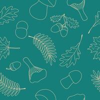 Seamless pattern with maple leaves, acorns, oak leaves, rowan leaves, ceps, mushrooms on geen background. vector