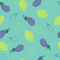 Seamless pattern with hand drawn lemon, eggplant on blue background in childrens naive style. vector