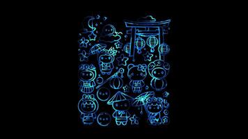 Glowing looping Tanabata day Display of bamboo branches with paper decorations. neon frame effect, black background. video
