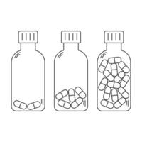 Set of linear medical bottles with pills, full, half filled and empty of drugs vector