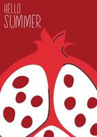 Card with pomegranate slice in doodle style. Hand drawn fruit with hello summer text banner vector