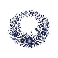 a blue and white floral frame with a circular design vector