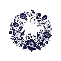 a blue and white floral frame with a circular design vector