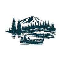 a man in a boat on the lake with mountains in the background vector