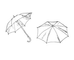 Set of two Umbrellas in various positions. Opened umbrellas. Hand-drawn illustration isolated on white. Doodle style. vector