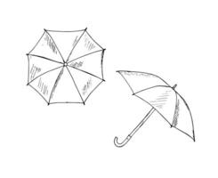 Hand-drawn set of umbrellas in various positions. Opened umbrellas. Doodle style illustration isolated on white. vector