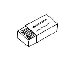 Hand-drawn matchbox with matchsticks. Wooden sticks for making bonfire. Open carton pack of wood sticks. Fire tool in a cardboard package. vector