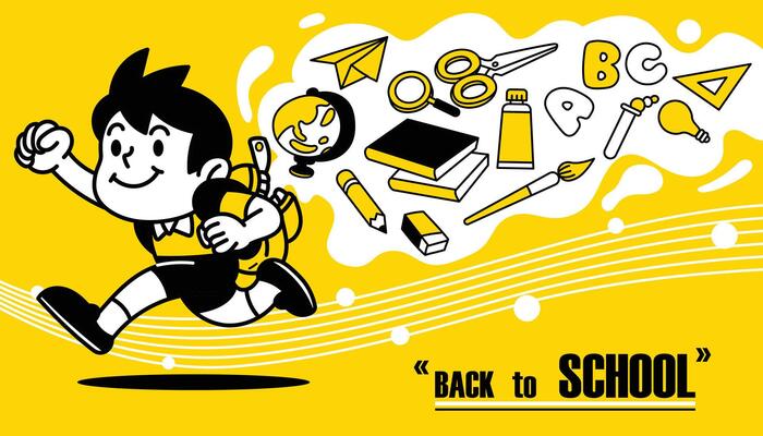 Cartoon Boy happy run with School elements Back to School concept on yellow background