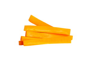 Side view of orange carrot slices in stick shape in stack isolated with clipping path in file format png