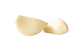 Front view of white peeled garlic cloves isolated with clipping path in file format png
