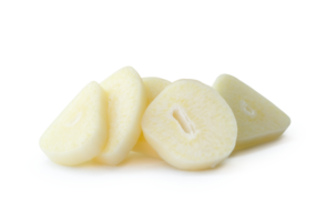 Front view of white garlic slices or pieces in stack isolated with clipping path and shadow in file format png