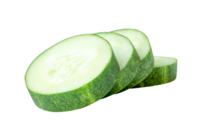 Front view of green cucumber slices or pieces in stack isolated with clipping path in file format png