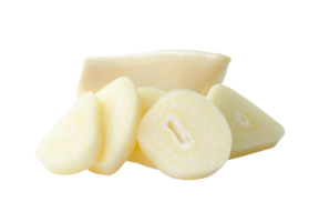 Front view of peeled white garlic cloves with slices or pieces in stack isolated with clipping path in file format png