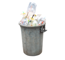 Old dirty gray plastic garbage can with a lot of garbage isolated with clipping path in file format png