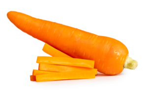 Side view of orange carrot with slices in stick shape in stack isolated with clipping path in file format png