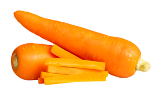 Side view of beautiful orange carrots with slices in stick shape in stack isolated with clipping path in file format png