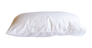 Side view of white pillow with case after use in hotel or resort room isolated with clipping path in file format png