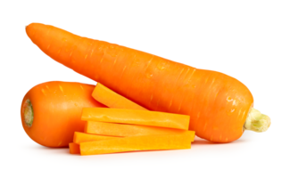 Side view of beautiful orange carrots with slices in stick shape in stack isolated with clipping path and shadow in file format png