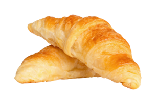 Side view of two delicious brown croissants in stack isolated with clipping path in file format png
