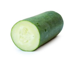 Front view of green cucumber slices or pieces in half isolated with clipping path and shadow in file format png