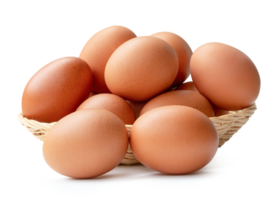 Front view of fresh brown chicken eggs in stack in wicker basket isolated with clipping path and shadow in file format png